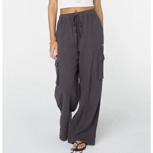 Roxy Precious Cargo Pants Women Medium Gray Cotton Gauze Beach Wide Leg Relaxed